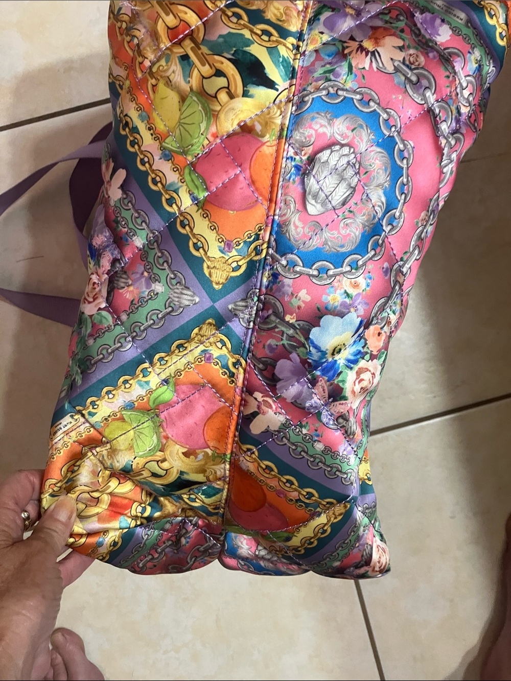 Kurt Geiger Lavender Trim Multicolor Quilted Chain-Print Tote - Picture 5 of 12